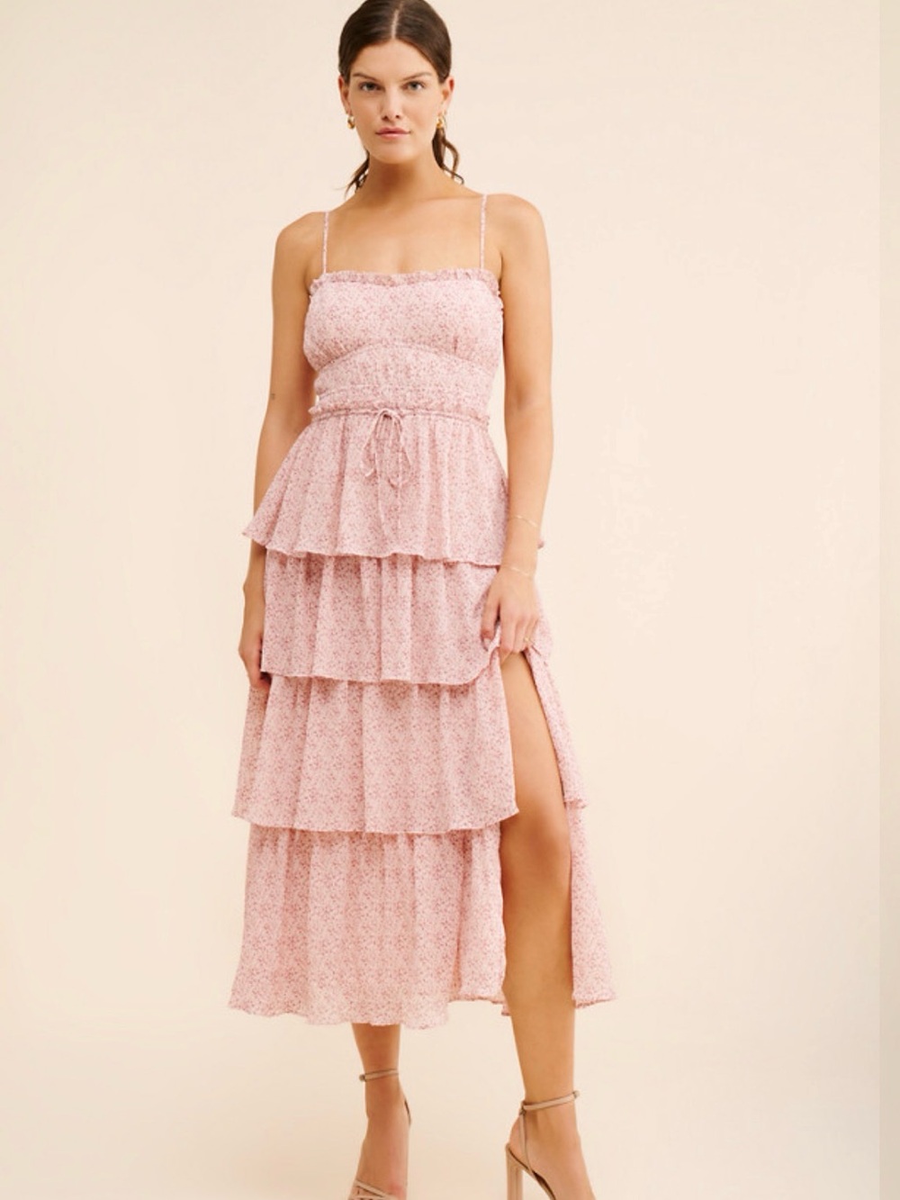 Astr Tiered Spaghetti-Strap Midi Dress in Blush Pink